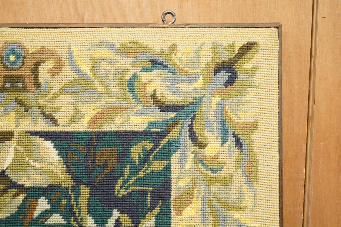 A large framed gross point wool work panel, designed in a verdure foliate palette as a classical French landscape. 161cm wide x 132 cm high.